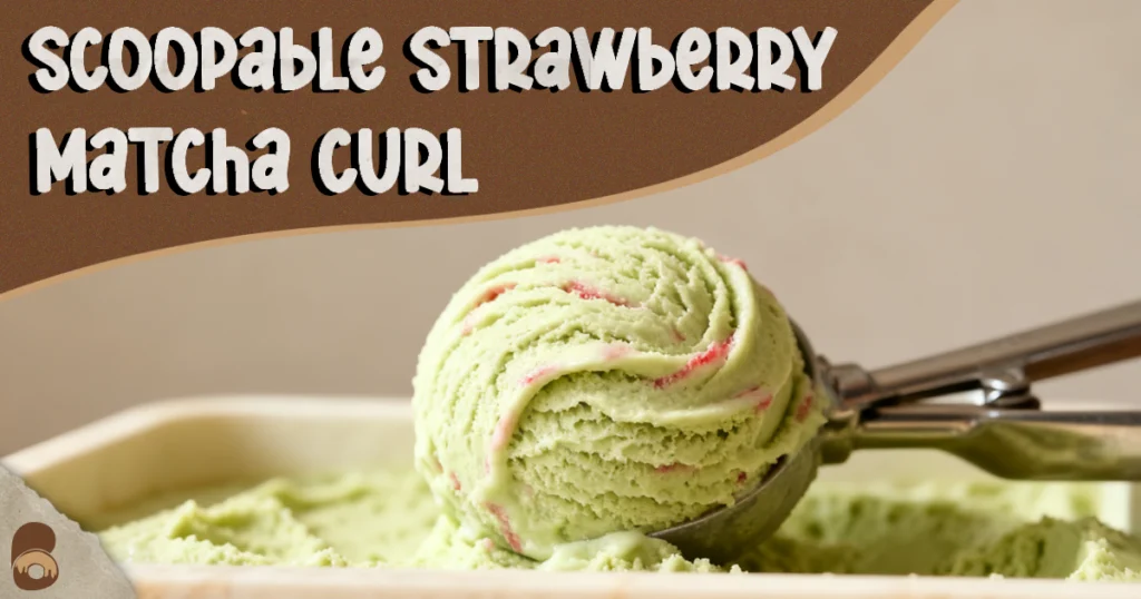 Low eye-level close-up of a smooth curling scoop of strawberry matcha ice cream from the container