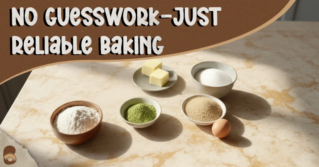 Measured ingredients for matcha cookies including flour, matcha powder, butter, sugars, and egg on a counter.