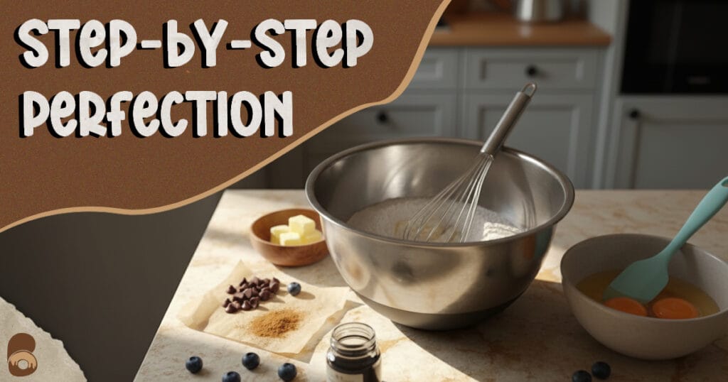 Mixing bowls with whisk and spatula beside ingredients arranged for batter preparation, on a wooden countertop without any hands or people.