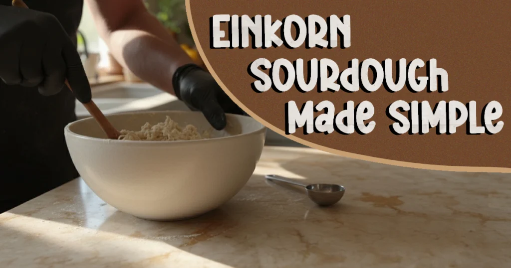 Mixing einkorn sourdough starter and flour in a bowl during preparation.