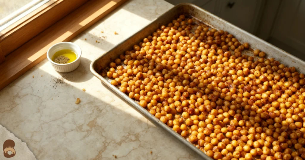 Oblique top-down shot of roasted chickpeas, showing golden color and crisp texture for healthy snacks for weight loss