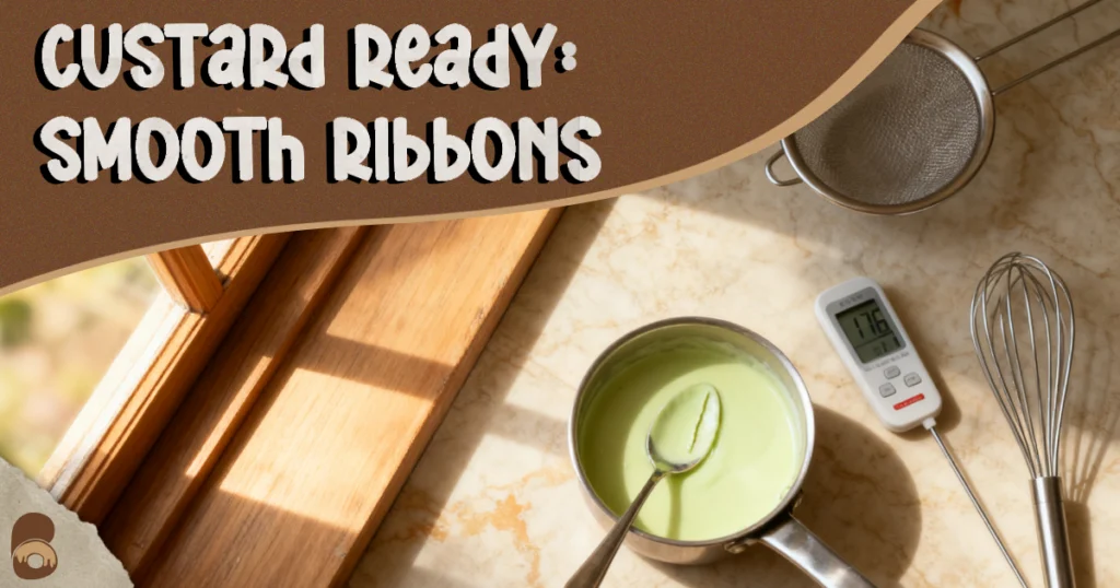 Oblique top-down shot showing custard coating a spoon with a clean line for strawberry matcha ice cream