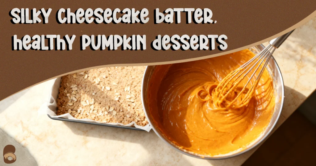 Oblique view of smooth pumpkin cheesecake batter for healthy pumpkin desserts showing glossy, lump‑free texture in a bowl