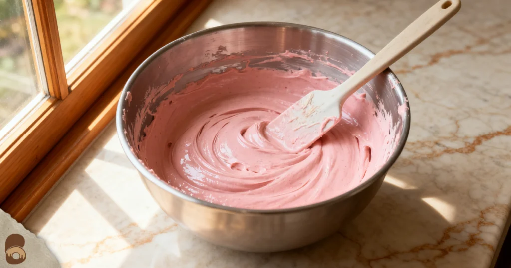 Oblique view showing pink strawberry cake batter at proper thickness for strawberry cake and cheesecake layering