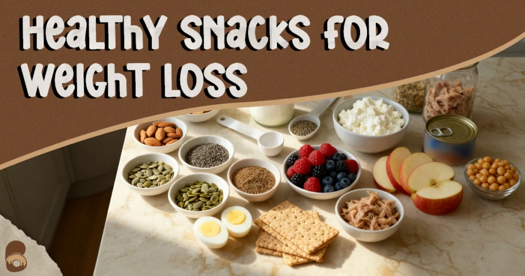 Overhead flat-lay of ingredients for healthy snacks for weight loss including nuts, seeds, yogurt, fruit, eggs, and chickpeas
