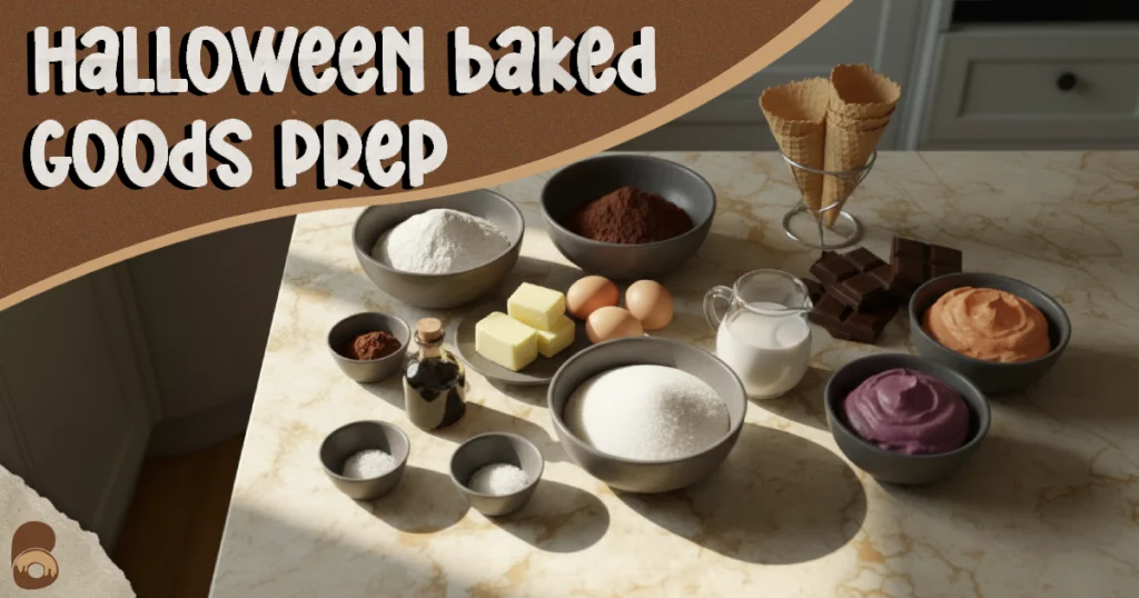 Overhead flat-lay of ingredients to make Halloween baked goods, measured in cups and grams on marble.