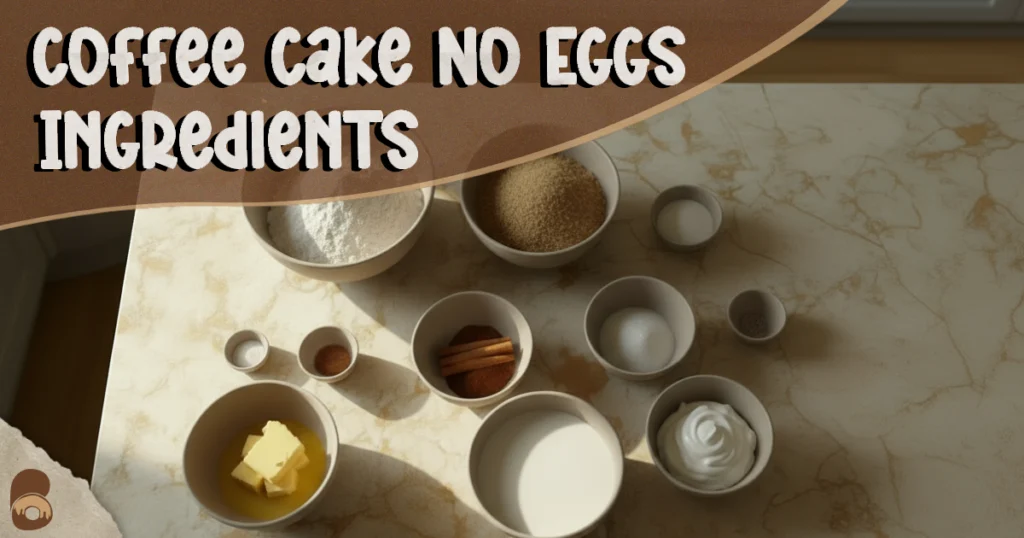 Overhead flat-lay of measured ingredients for coffee cake no eggs including flour, sugars, dairy-free milk, yogurt, and cinnamon