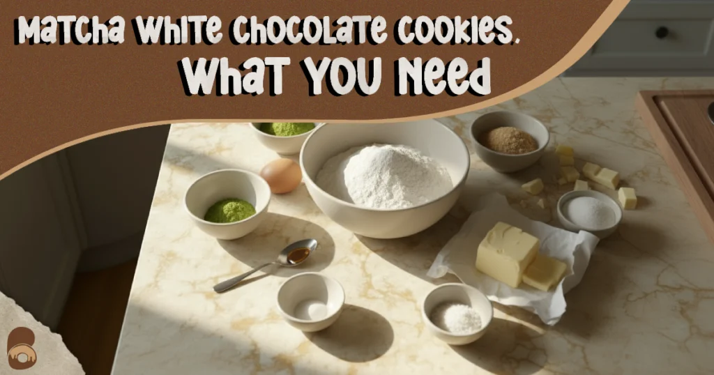 Overhead flat-lay of measured ingredients for matcha white chocolate cookies including matcha, flour, sugars, butter, egg, and white chocolate