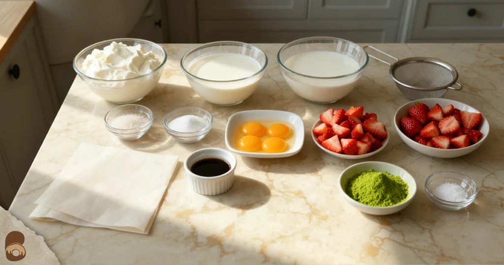 Overhead flat-lay of measured ingredients for strawberry matcha ice cream including cream, milk, yolks, strawberries, and matcha