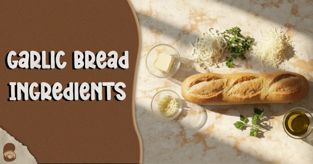 Overhead view of fresh baguette, butter, garlic, mozzarella, parmesan, and parsley arranged for a cheesy garlic bread recipe.