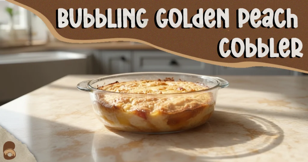 Peach cobbler baking with golden crust and bubbling juices in dish.