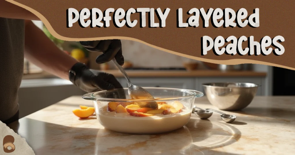 Peach slices being layered over cobbler batter in baking dish, showing texture and arrangement.