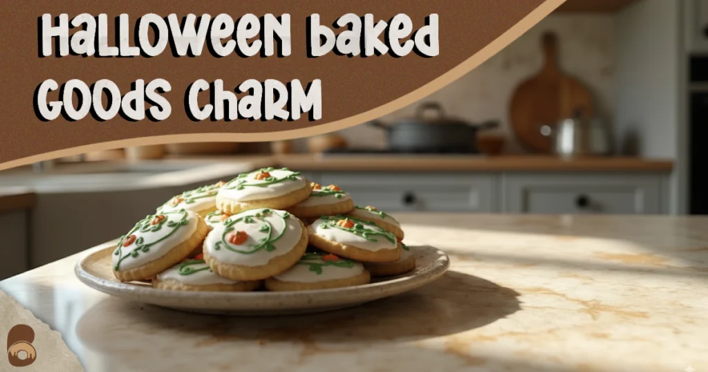Plate of pumpkin patch cookies with green frosting vines and candy pumpkins for Halloween baked goods