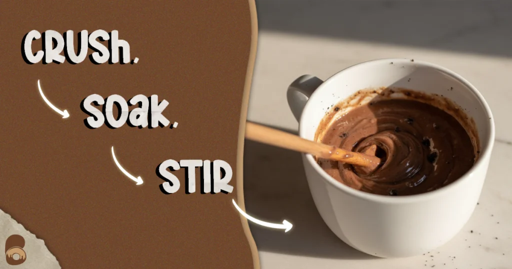 Process shot showing how to make oreo mug cake by crushing Oreos and mixing with milk in the mug.