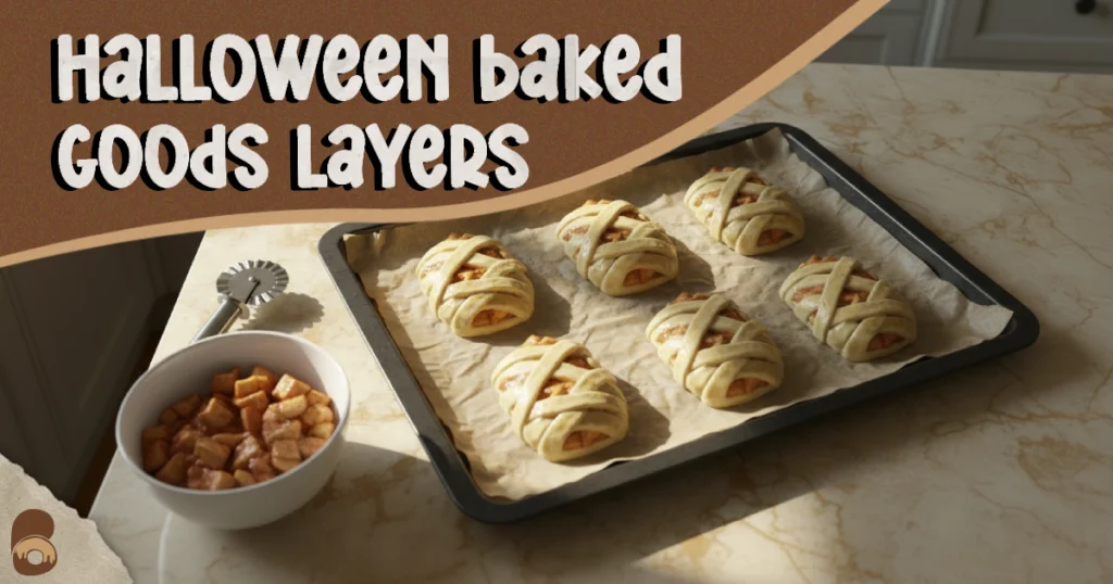 Process shot showing mummy hand pies being latticed with thin pastry strips for Halloween baked goods