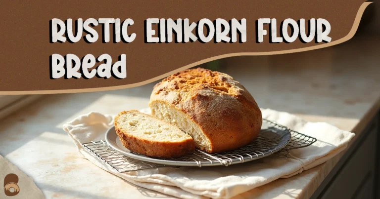 Rustic einkorn flour bread loaf on cooling rack with golden crust and slice showing crumb.