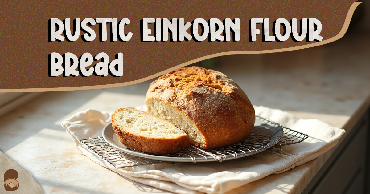 Rustic einkorn flour bread loaf on cooling rack with golden crust and slice showing crumb.