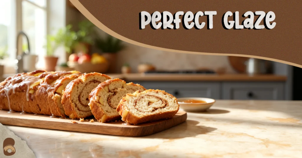 Sliced apple fritter bread with set vanilla glaze and visible cinnamon-apple swirls