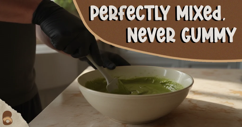 Step in matcha cake recipe easy where wet and dry ingredients are folded gently with spatula.