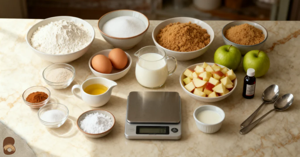 Top-down flat lay of apple fritter bread ingredients measured in cups and grams