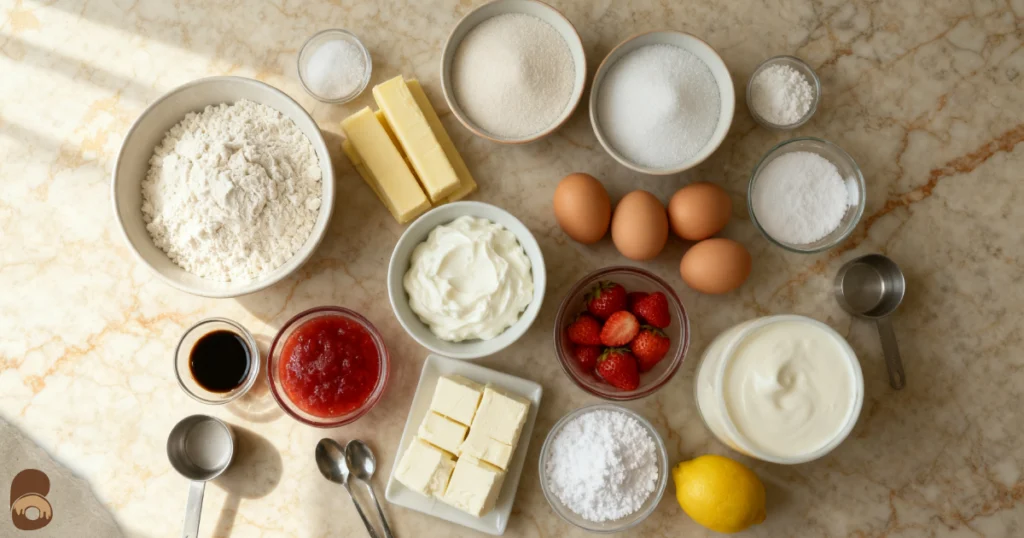 Top-down ingredients for strawberry cake and cheesecake neatly arranged with labeled portions and fresh strawberries
