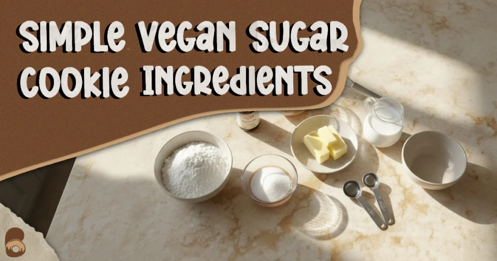 Vegan sugar cookie ingredients measured and arranged on marble countertop.