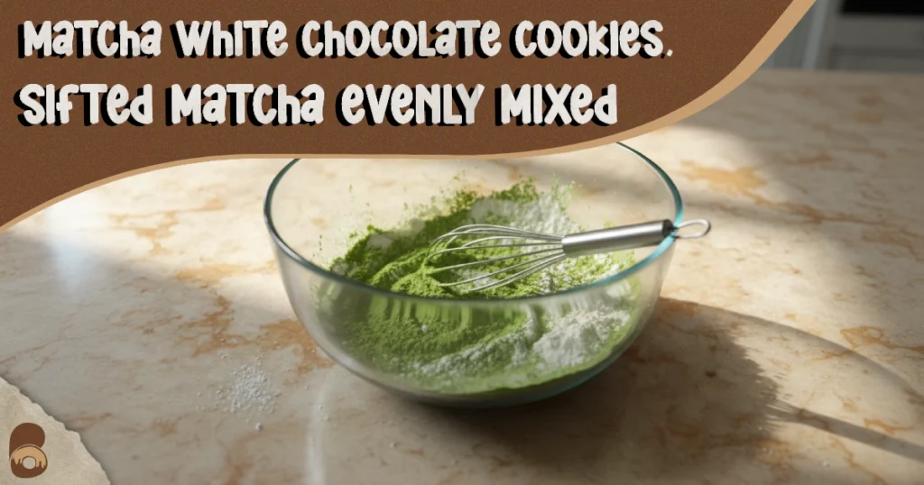 Whisking flour, matcha, baking soda, and salt for matcha white chocolate cookies with evenly distributed green color