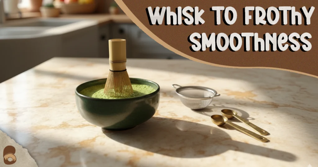 Whisking matcha powder and hot water in a bowl on marble countertop.