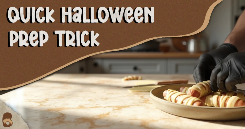 Wrapping puff pastry strips around sausages to create mummy snacks for Halloween.