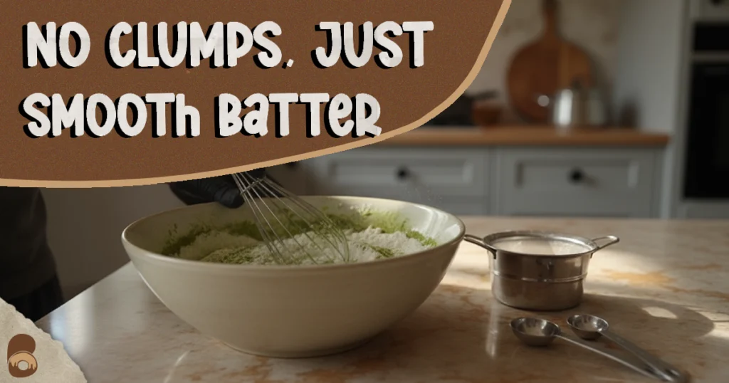 cha cake recipe easy step showing whisking of dry ingredients with matcha powder in a bowl.