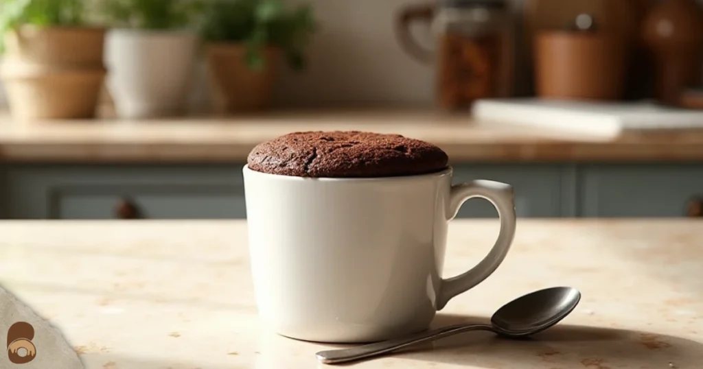 Close hero angle of finished mug cake with matte, springy top showing doneness for how to make a cake in a mug.

