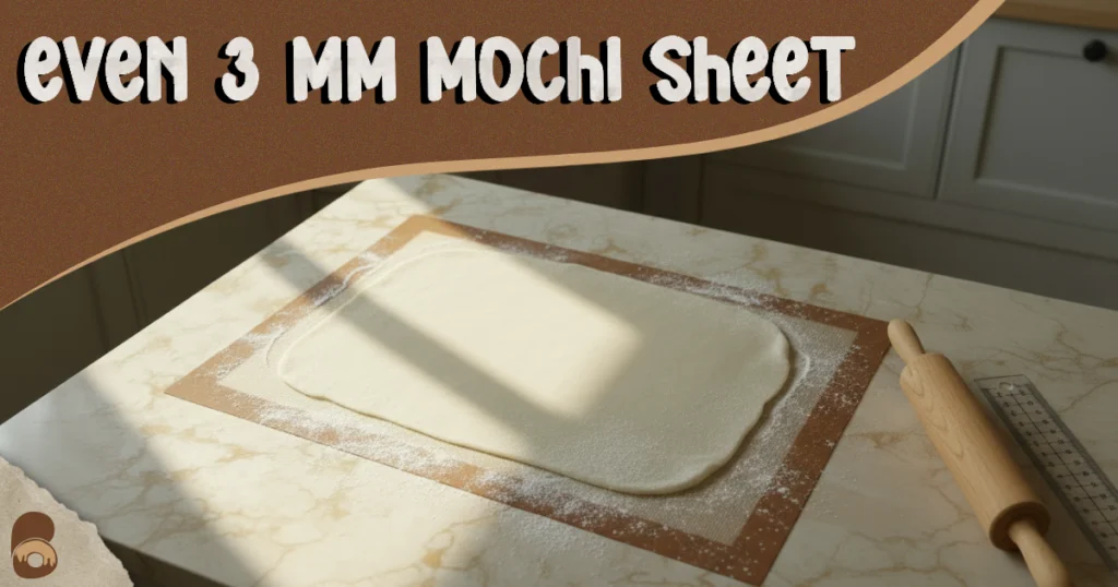 Rolled mochi sheet at 1_8-inch thickness on starch-dusted mat for how to make mochi ice cream recipe.