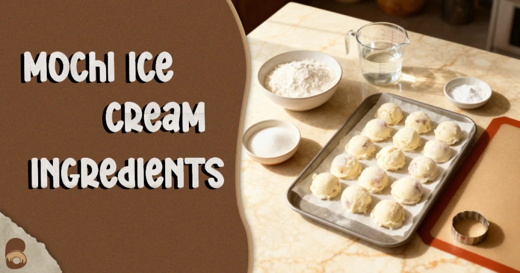 Top-down flat lay of glutinous rice flour, sugar, water, cornstarch, and ice cream for how to make mochi ice cream recipe