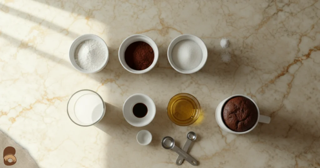 Top-down flat-lay of measured ingredients for how to make a cake in a mug with flour, cocoa, sugar, milk, oil, and vanilla.

