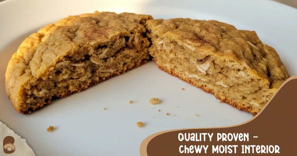 Interior of pumpkin oatmeal cookie broken in half showing chewy moist crumb with visible oats and spices