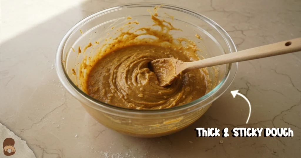 Mixing bowl with pumpkin oatmeal cookie dough showing thick sticky texture with visible oats and spices
