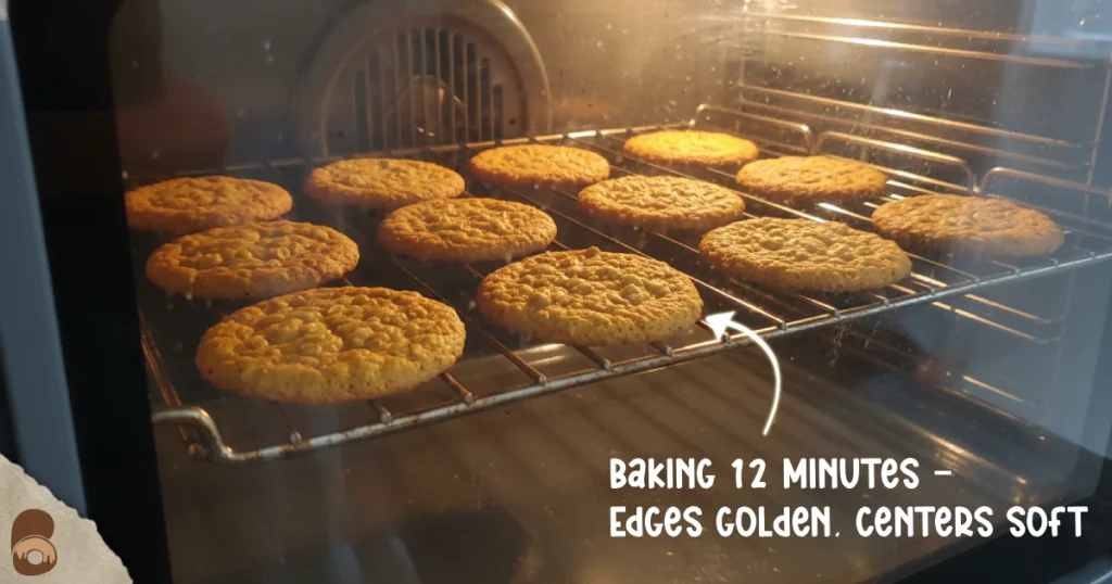 Pumpkin oatmeal cookies baking in home oven showing golden edges and soft centers mid-bake