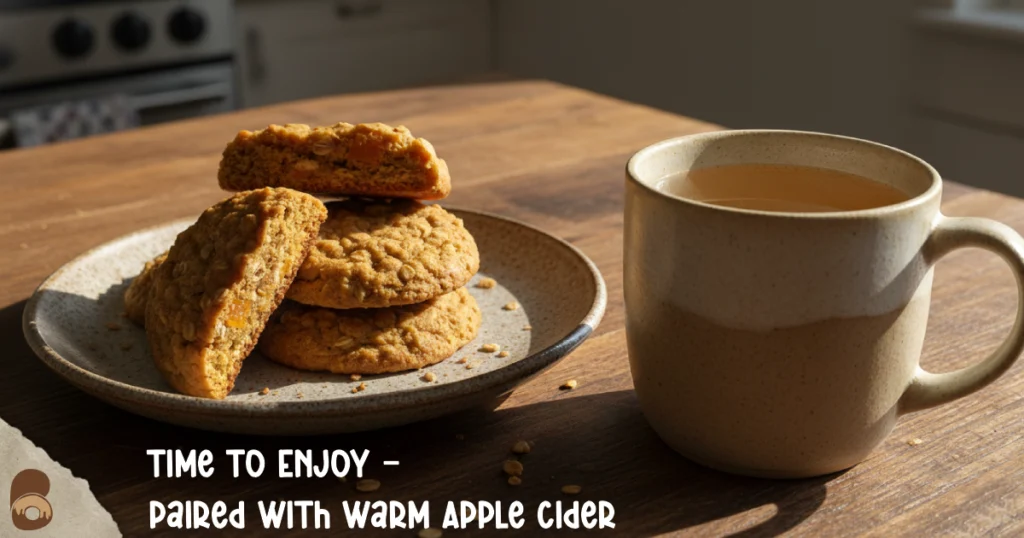 Pumpkin oatmeal cookies served on rustic ceramic plate with warm apple cider in ceramic mug