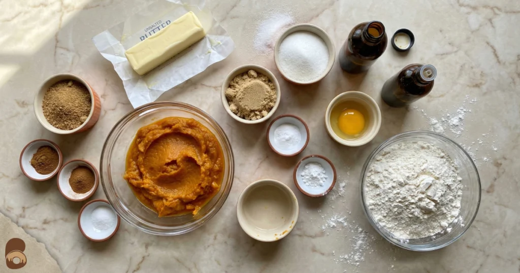Pumpkin snickerdoodle cookies ingredients on counter including pumpkin puree, butter, sugars, flour, spices