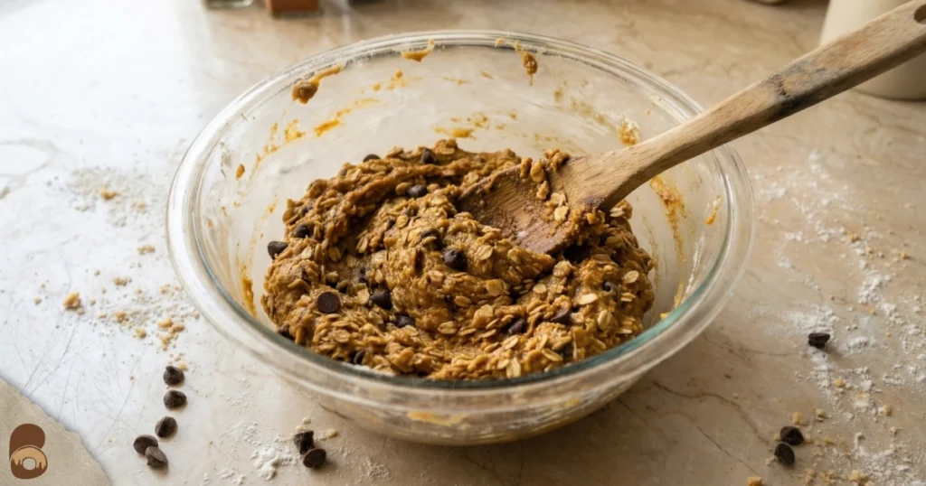 Oatmeal pumpkin chocolate chip cookies dough in bowl, thick, scoopable, oat-studded