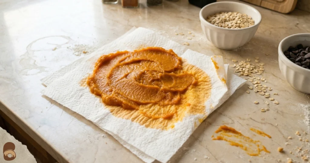 Oatmeal pumpkin chocolate chip cookies prep: pumpkin purée blotted on paper towels.

Oatmeal pumpkin chocolate chip cookies prep: pumpkin purée blotted on paper towels