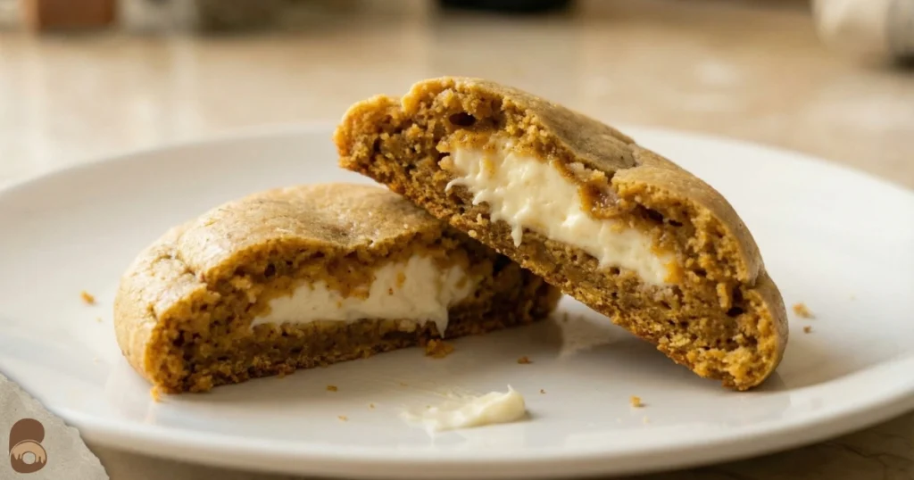 Pumpkin cheesecake cookies broken open, moist pumpkin crumb with creamy center visible.