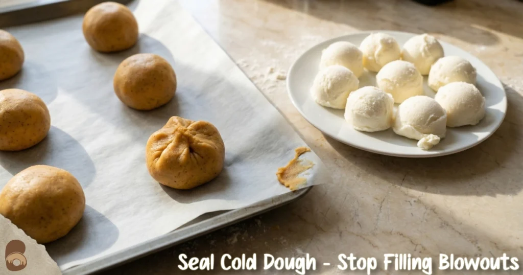 Pumpkin cheesecake cookies dough seam pinched closed around frozen cream cheese portion.