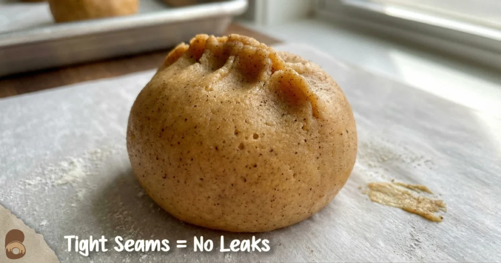 Pumpkin cheesecake cookies dough seam pinched closed, smooth seal, spice-speckled dough.