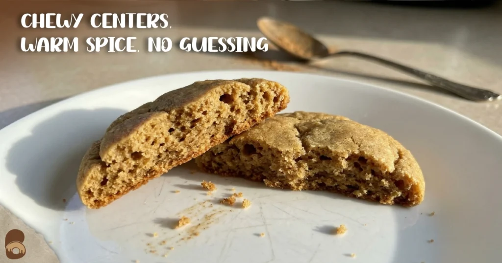 Pumpkin spice cookies broken open showing moist chewy crumb with visible spice flecks.