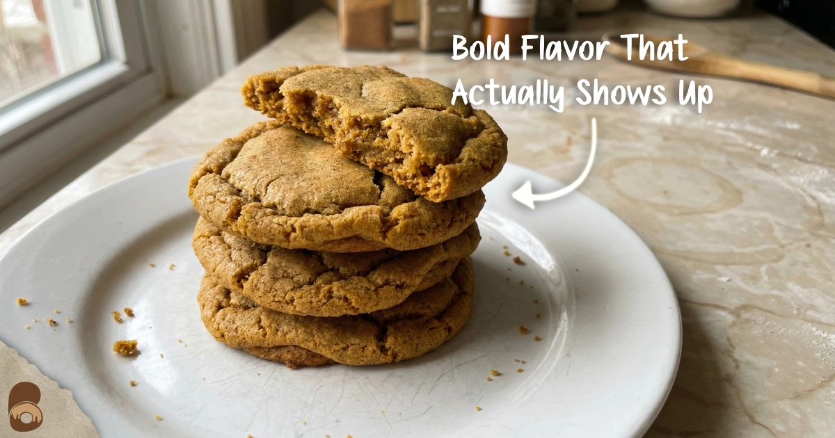 Pumpkin spice cookies with golden edges, chewy centers, and visible spice flecks.