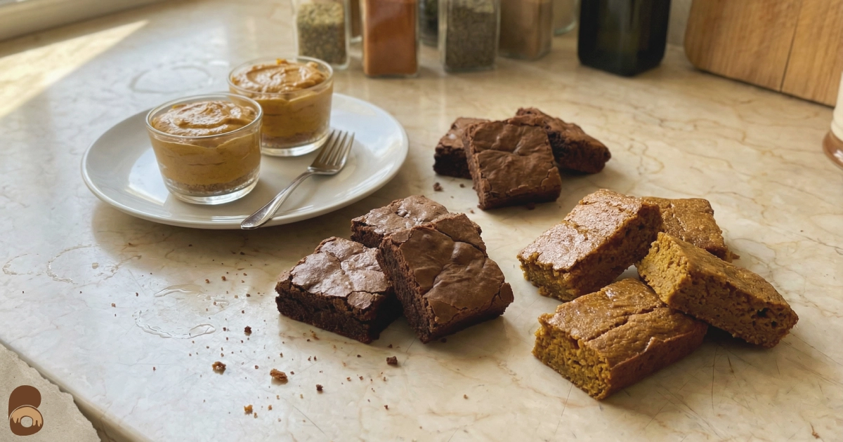 Easy pumpkin dessert assortment showing cheesecake cups, brownies, and moist pumpkin bars
