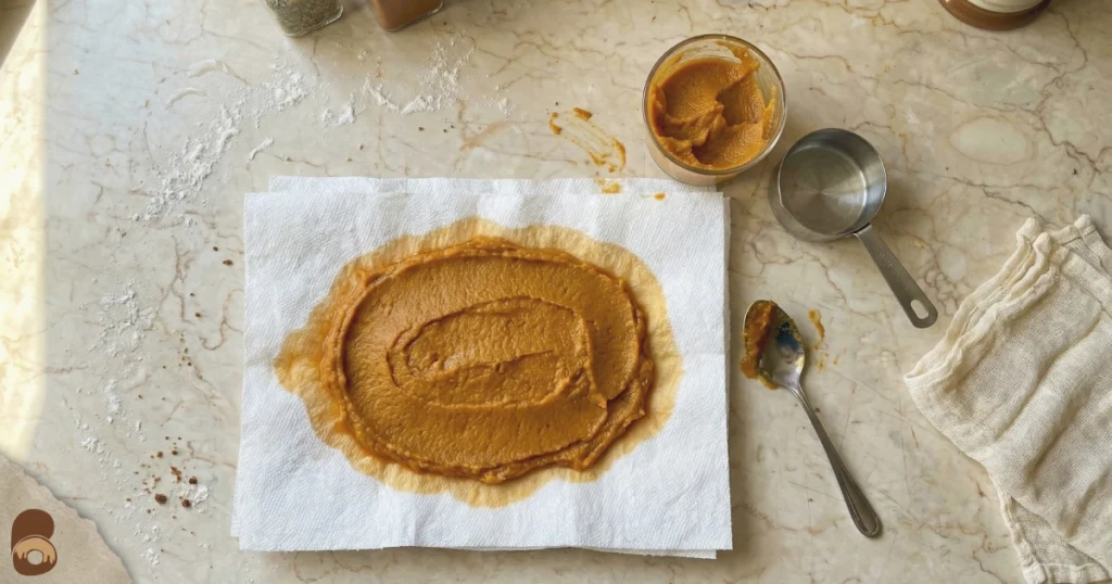 Easy pumpkin dessert prep showing pumpkin puree blotted on paper towels to reduce moisture