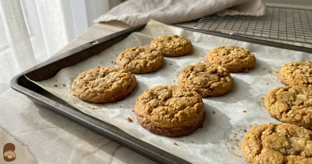 Oatmeal pumpkin cookies baking on tray with edges set and centers still soft