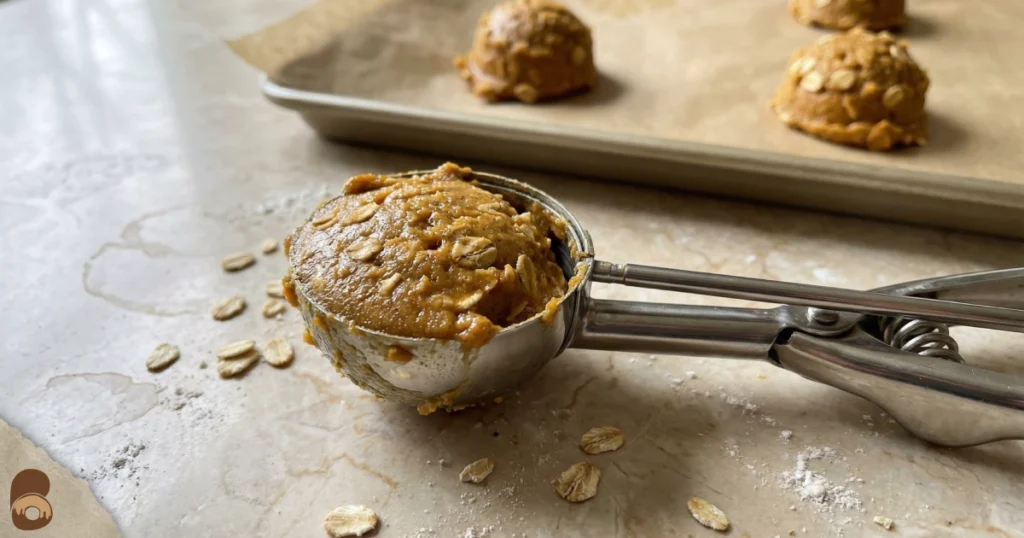 Oatmeal pumpkin cookies dough in scoop after resting, thick and oat-studded